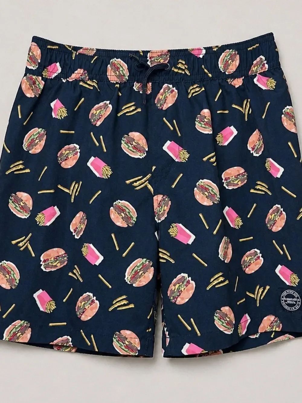 Abercrombie Kids Navy Blue Burger and Fries print swim performance casual shorts